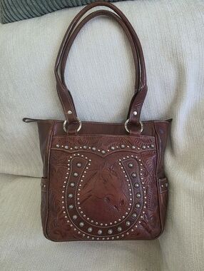 American West Brown Tooled Leather Shoulder Bag with Stud Accents